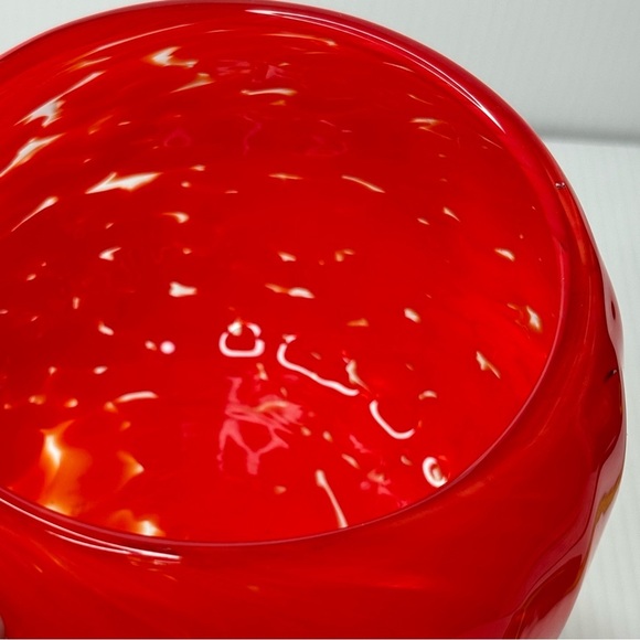 Decorative Hand Blown Studio Glass Art Bowl, Red Orange Swirl Etched Signature - Picture 10 of 11